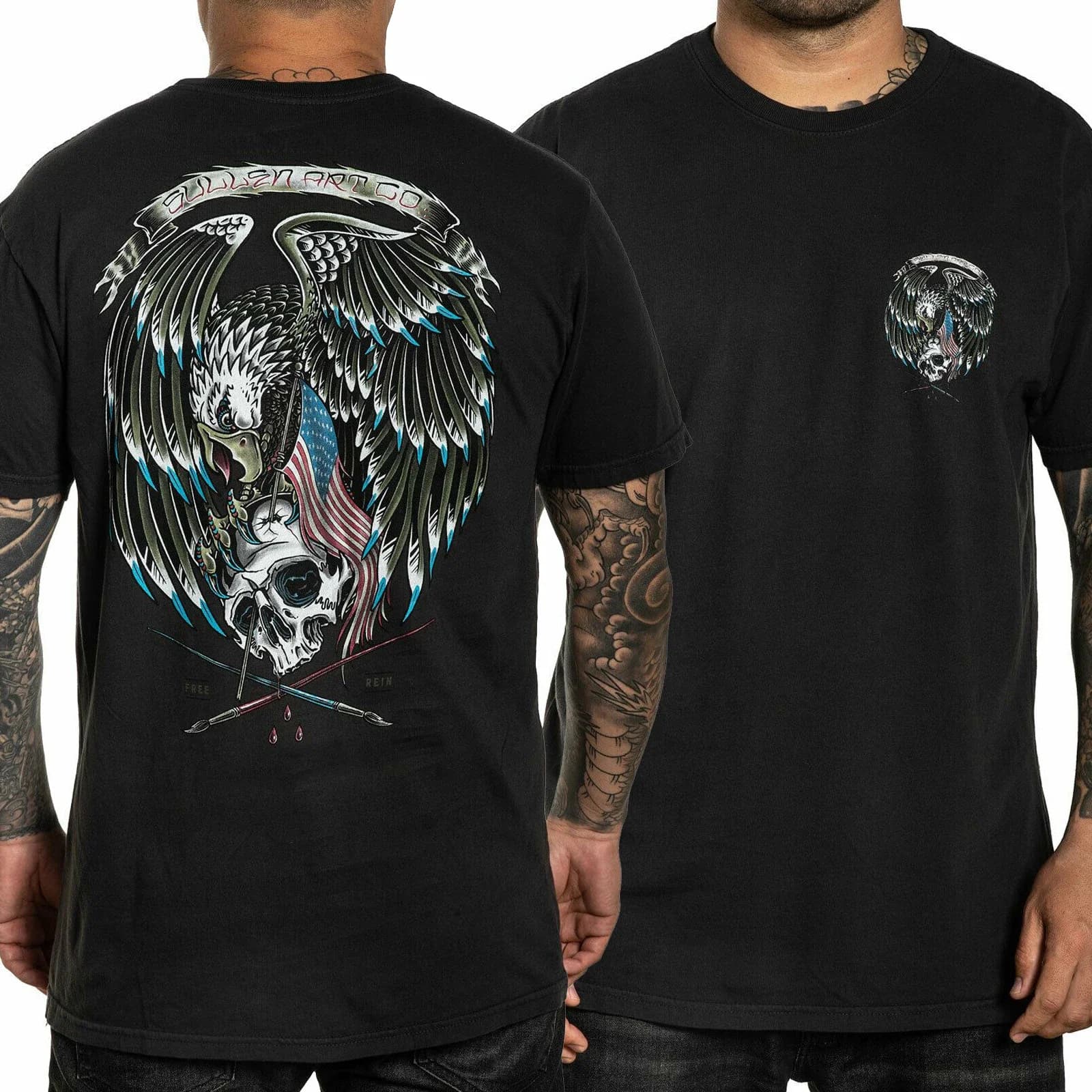 Bald Eagle Skull Flag Tattoo Free Reign Hip-hop Rock T Shirt New 100% Cotton Short Sleeve O-Neck T-shirt Casual Mens Top