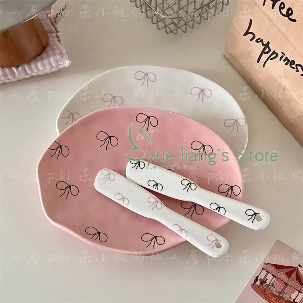 Korean Girl's Heart Butterfly Bow Plate,Cute Bow Underglaze Color Lace Dividing Plate,Dim Sum Snack Ceramic Dessert Plate
