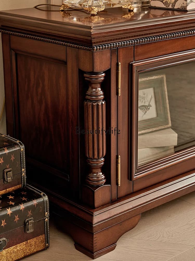 American neoclassical gold silk teak all solid wood TV cabinet