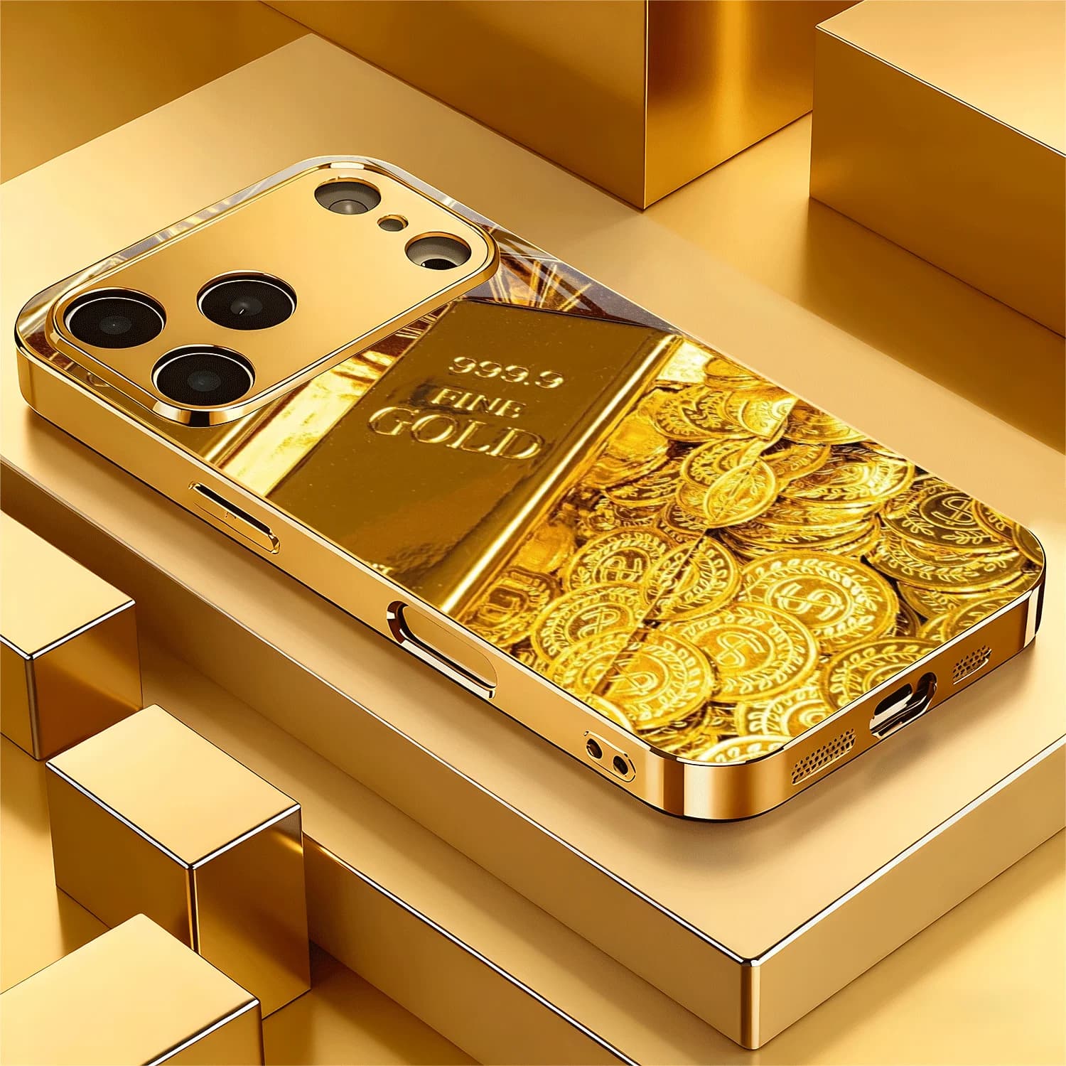 Gold and silver coin pattern electroplated glass phone case,, suitable for iPhone 17/16/15/14/13/12/11, etc.