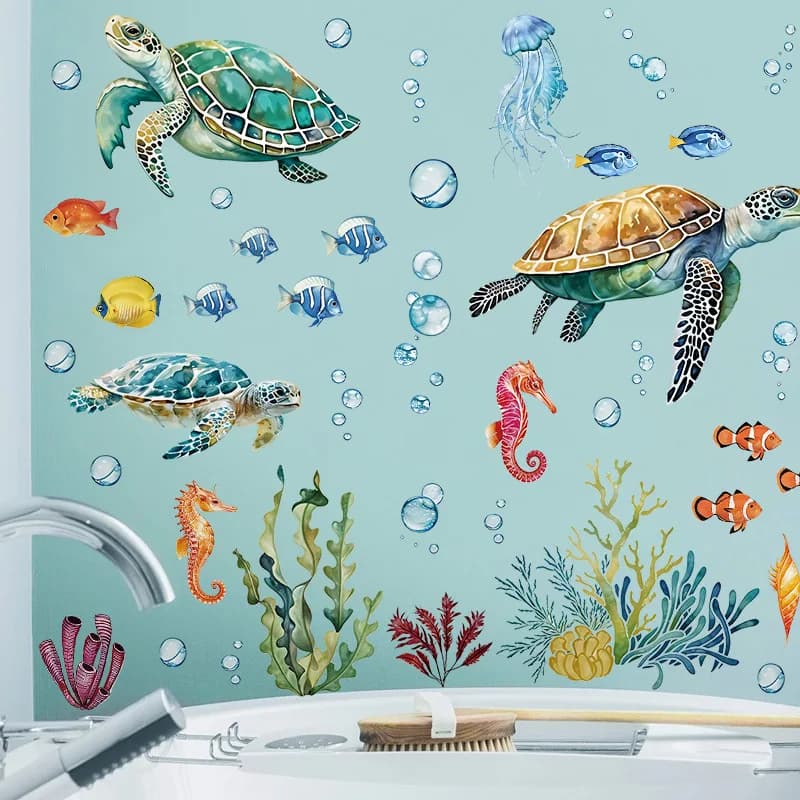 Watercolor Turtle Octopus Wall Sticker Nursery Kids Room Sea World Ocean Coral Sea Horse Wall Decal Bedroom Living Room Decor