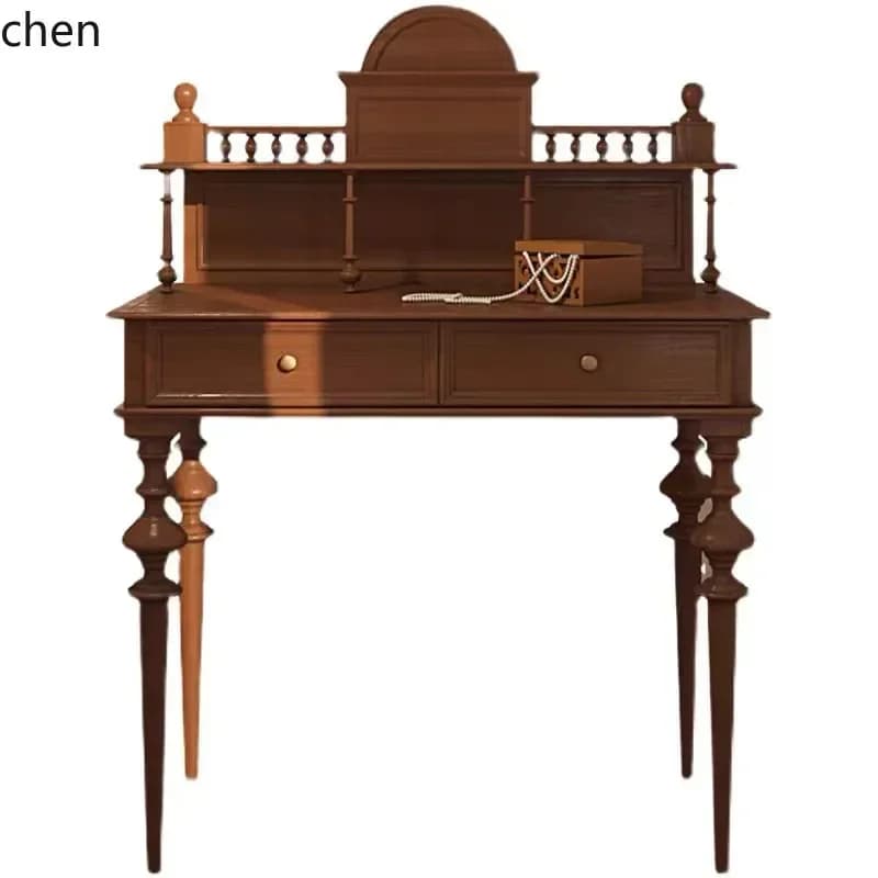 y8- Simple Solid Wood Vintage Brown Distressed Dressing Table Full Oak Carved Bedroom Cabinet