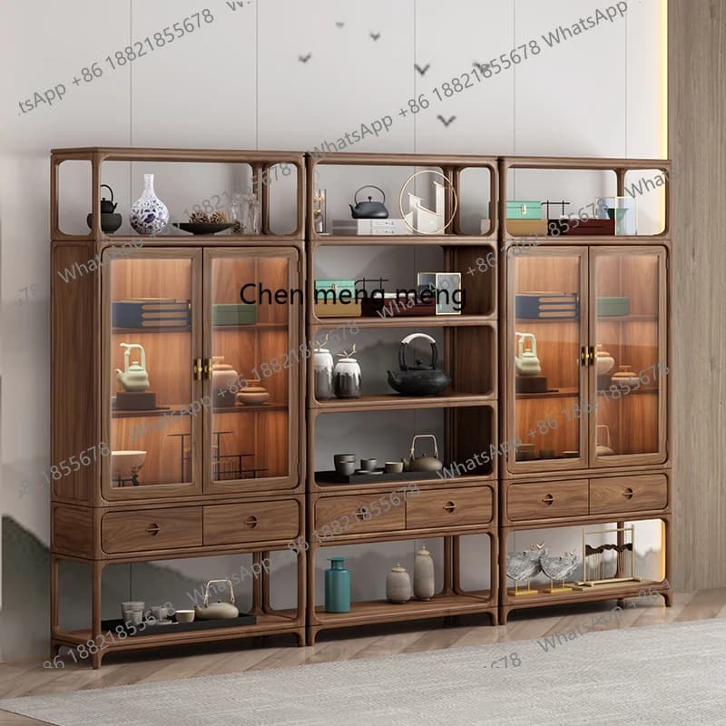 New Chinese-style all-solid wood bookcase with glass door dustproof old elm bookshelf combination light luxury black walnut