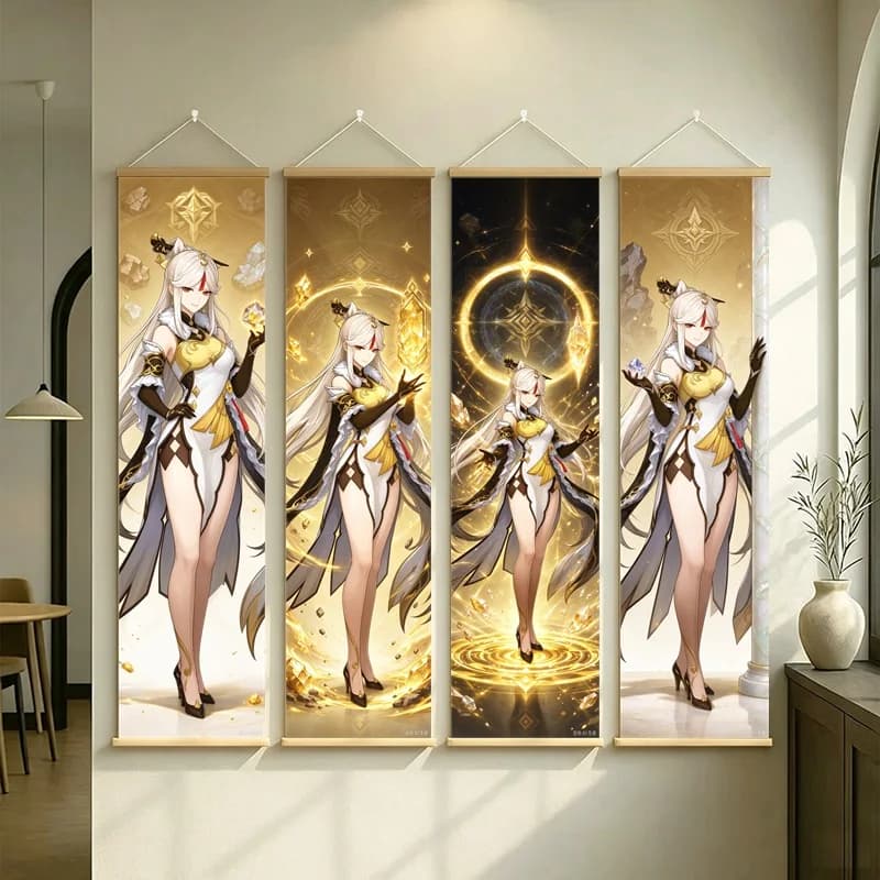 Hanging Scroll Wall Art of Genshin Impact Ningguang with Golden Celestial Glow on Silver Shimmer Canvas for an Anime Bedroom