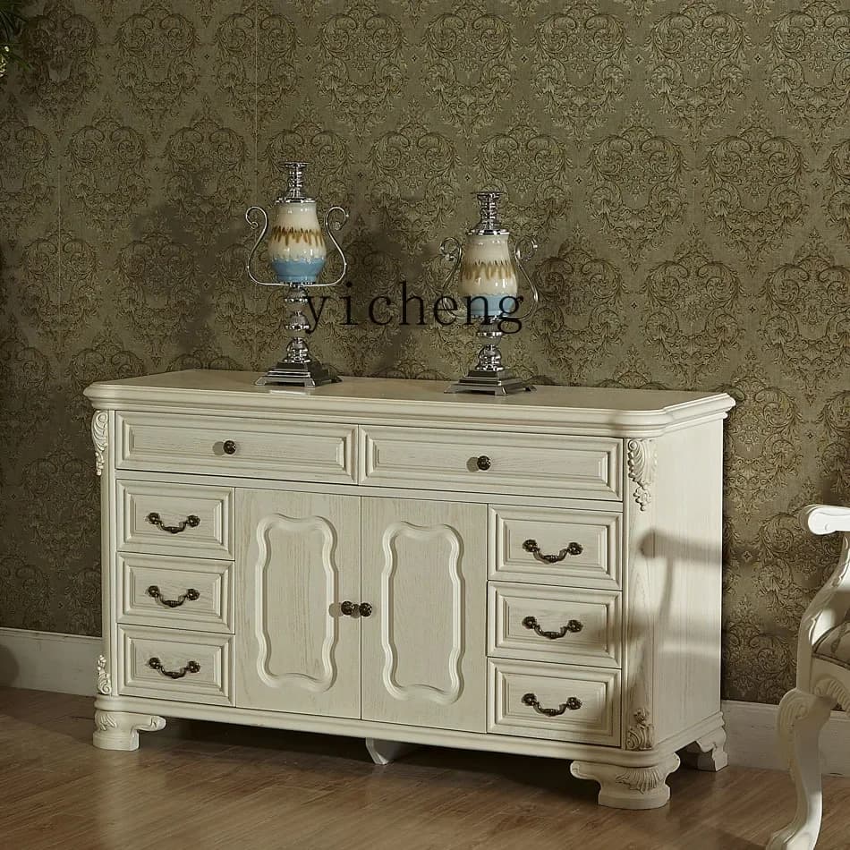 European solid wood dining side cabinet, white antique light luxury locker, simple European cabinet with drawers