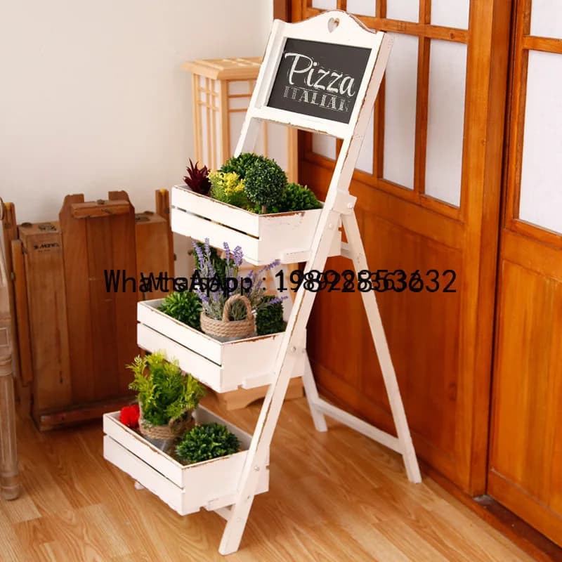 G1  Vintage Solid Wood Three-Layer Folding Flower Stand Restaurant Window Country Style Ladder Balcony Green Plant Ornament