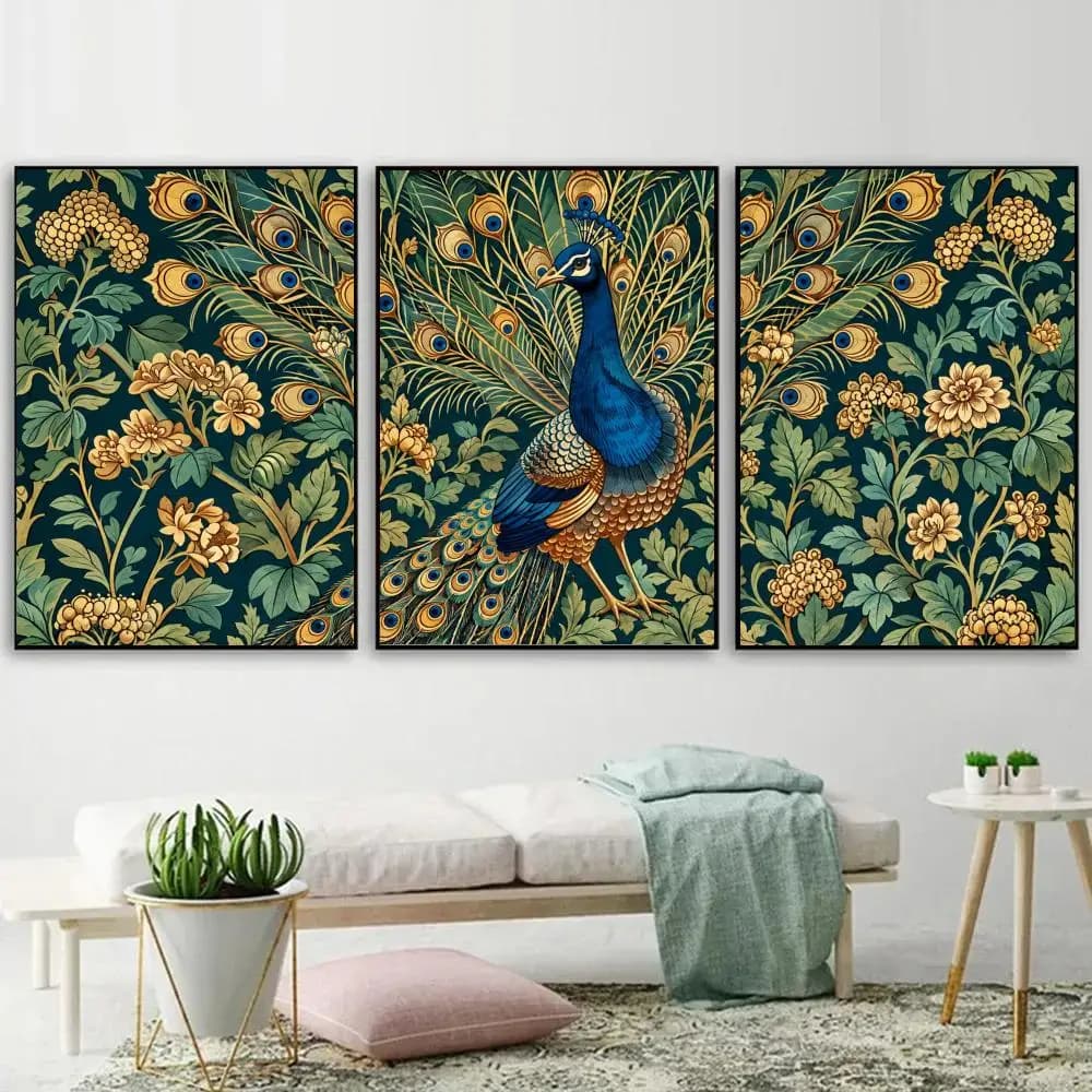 Peacock Floral Garden Painting Calligraphy 3PC Canvas Poster Set Wall Art Painting for Bedroom Living Room Home Decor Gift