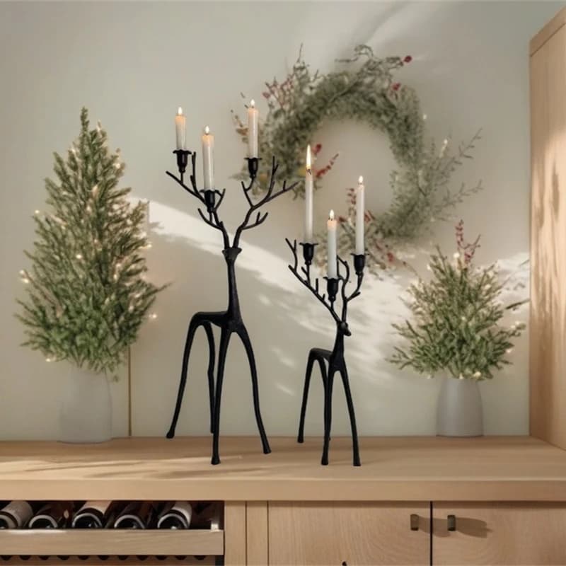 3-head Black Wrought Iron Elk Candlestick Christmas Decoration Crafts Creative Home Office Desktop Ornaments Candle Holders