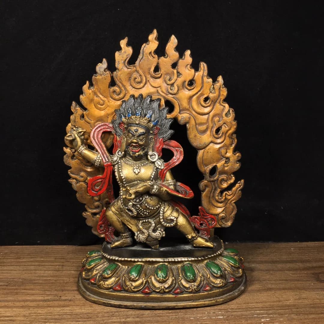8"Tibetan Temple Collection Old Bronze Painted Cinnabar Vajrapani Bodhisattva Standing Buddha Backlight Worship Hall