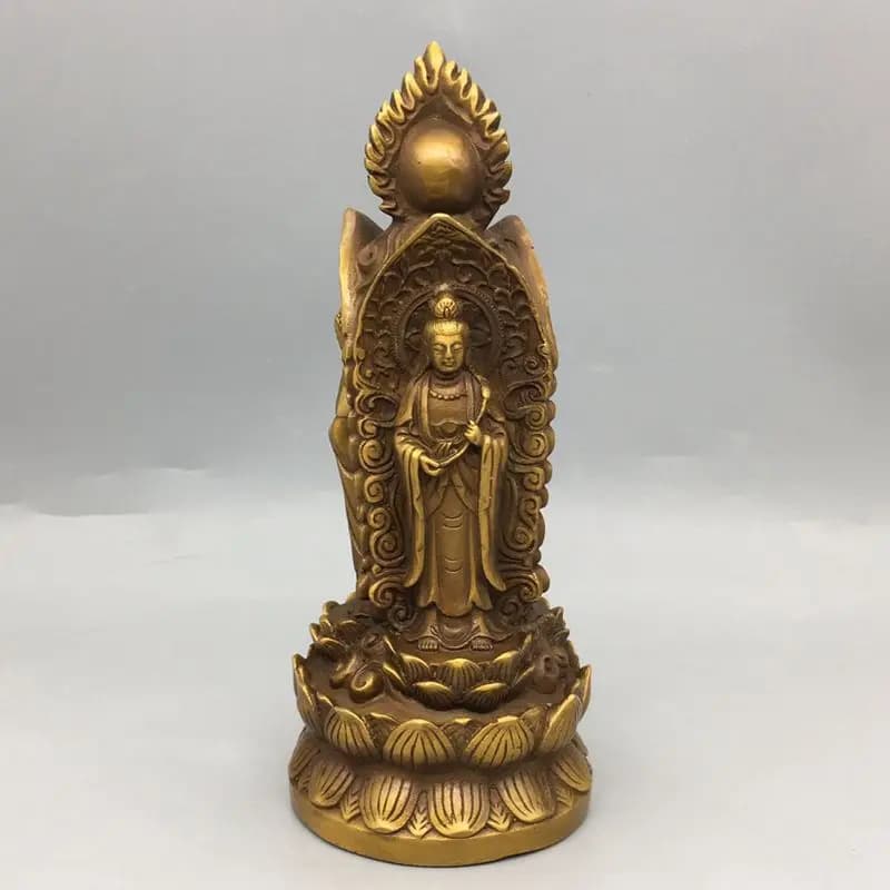Antique handicrafts vintage bronze ware collection brass three sided Guanyin home desktop decoration