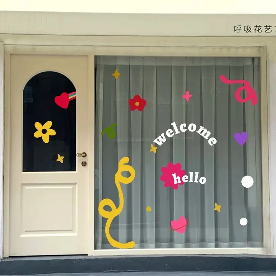Welcome English Geometric Shape Hand Drawn Illustration Stickers Shop Glass Door Cartoon Creative Decorative Windows Stickers