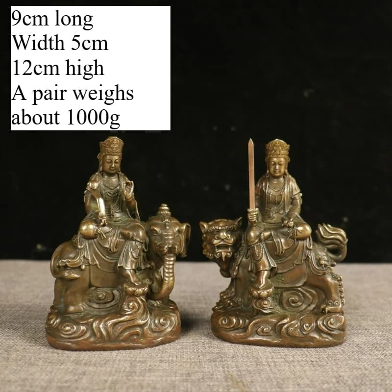 Vintage Copper Manjusri and Puxian Bodhisattva Statue Wisdom and Virtue Buddha Statue Feng Shui Home Decoration Ornaments