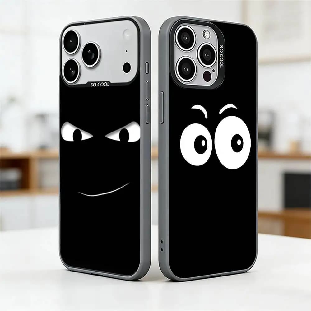 Minimalist Black Cartoon Face  Phone Case For iPhone 17,16,15,14,13,12,11 Plus,Pro Max,XS,Colored Silver Plated Inside Cover