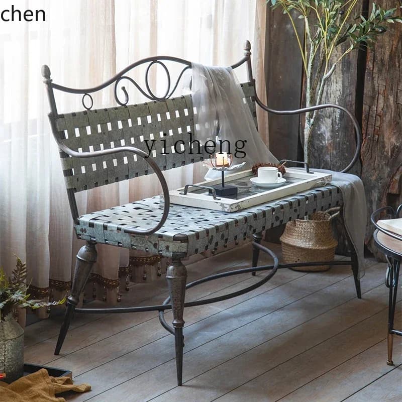 ZML Retro Design Chair Leisure Iron Art Splicing Bar Cafe Homestay Folk Style Vintage Long Chair