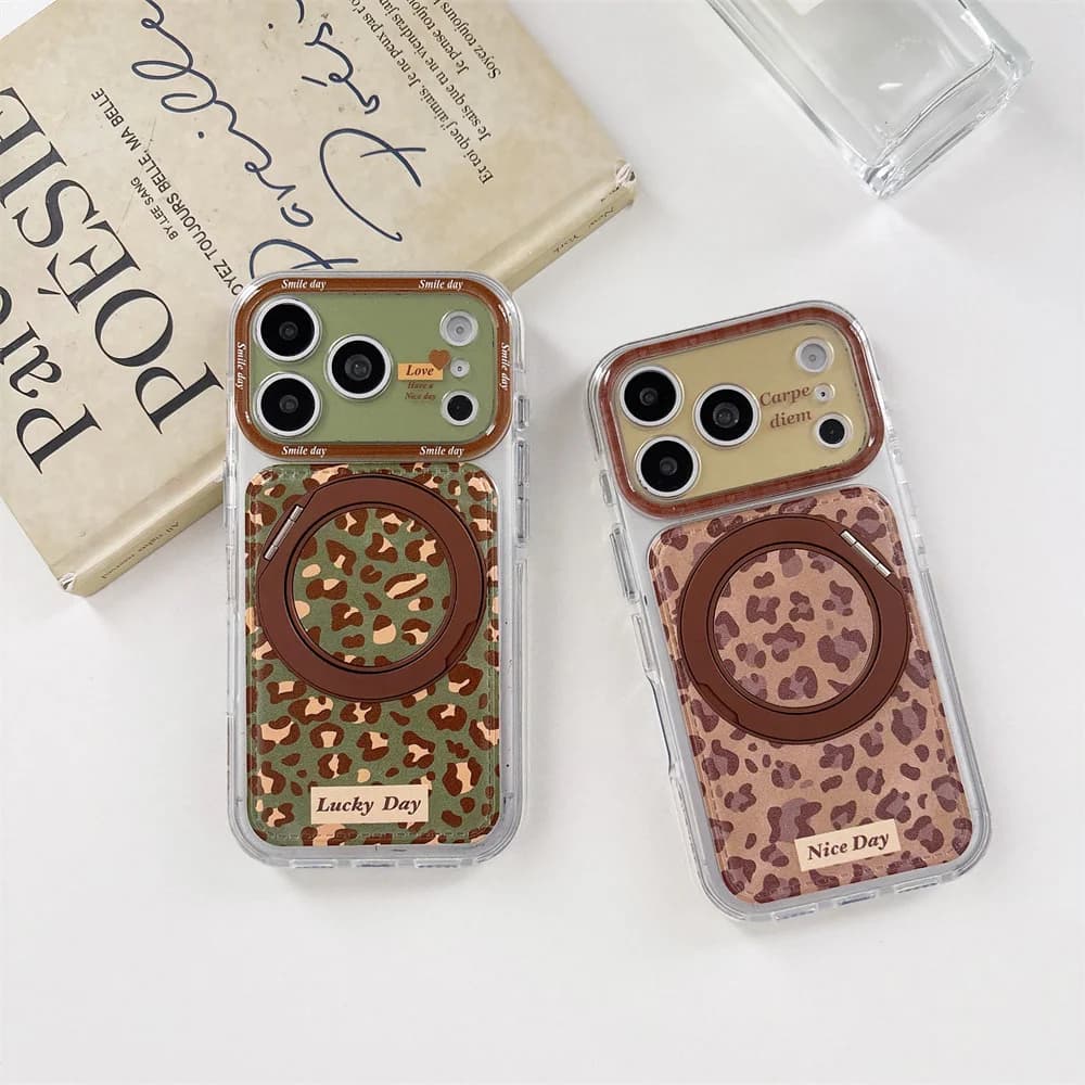 Vintage Leopard Print Magnetic Rotating Bracket Phone Case For iPhone 18 Pro Max 18 Pro 17 16 15 Shockproof Protective Cover