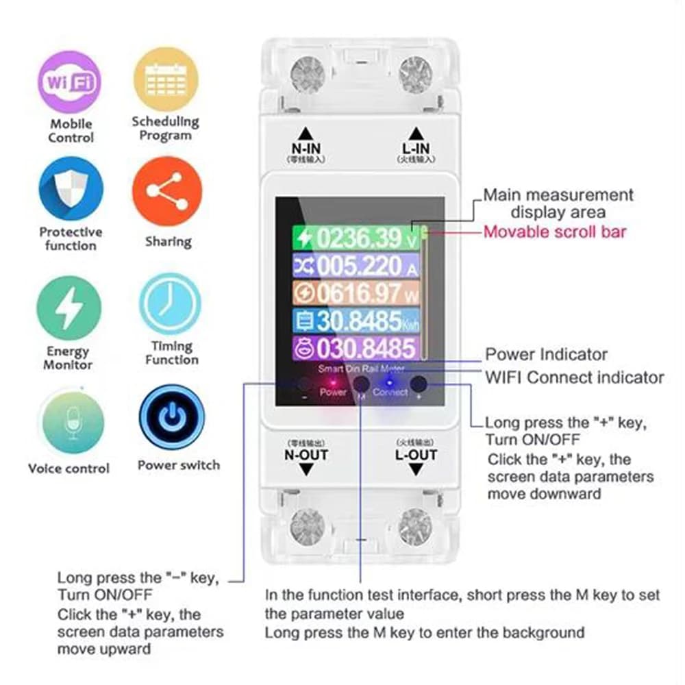 AT2PW Tuya WIFI Din Rail Energy Meter 100A Smart Switch Remote Control AC85-265V Digital Volt Amp Kwh Frequency Factor Meter