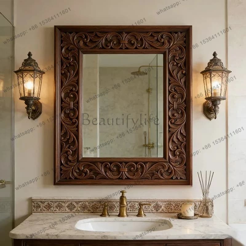 American retro bathroom mirror wall hanging new Chinese makeup mirror living room fireplace wall hanging engraving