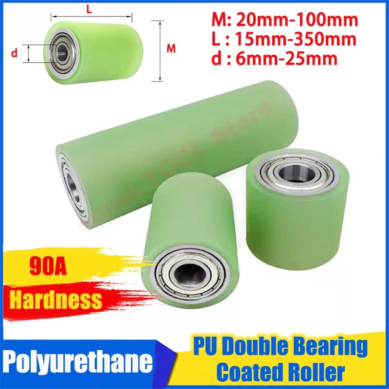 1Pc PU Polyurethane Coated Roller Idler Wheel Non‑Powered Conveyor Roller Double Bearing Wear‑Resistant Rubber Coated Roller