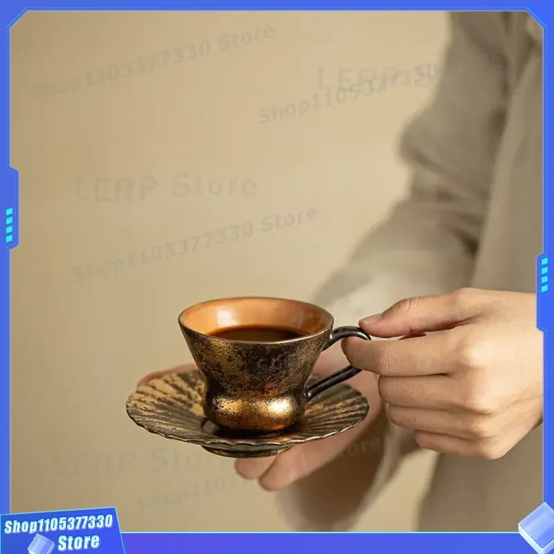 Shino-yakuji Shizuki Ceramic Tea Cup with Handle and Saucer Gilt Coffee Mug Two Piece Set for Office Afternoon Tea Elegant