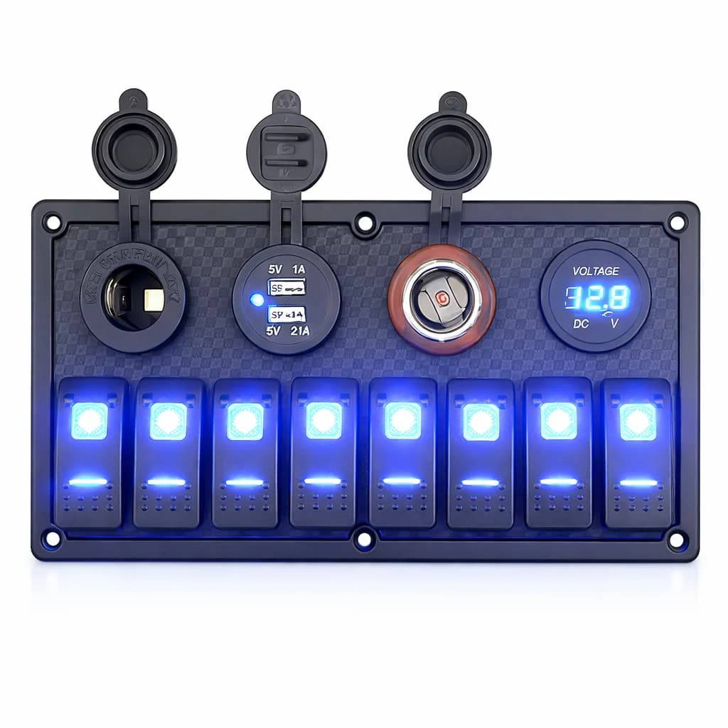 12V 24V Marine 8 Gang Switch Panel Waterproof Boat Rocker Switch Panel with Digital Voltmeter Dual USB Charger 3.1A for RV Yacht