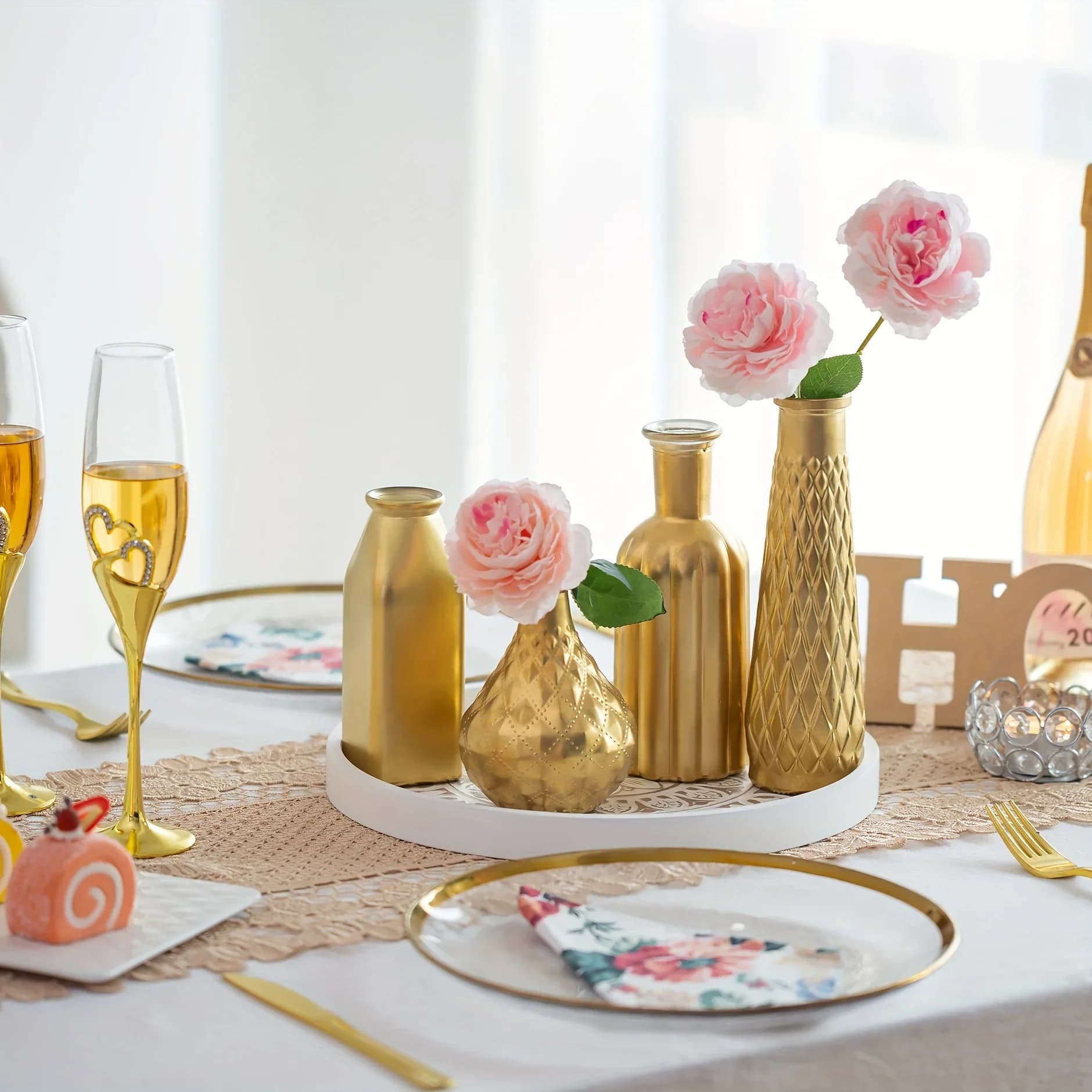 4pcs Golden Vase Flowers Small Vases Modern Flower Bottle Golden Decorative Vases for Living Room Decorations Desk Ornament