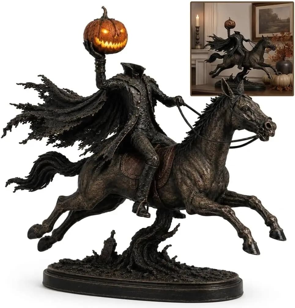 Lighted Headless Horseman Statue, LED Pumpkin Horse Halloween Decor,Spooky Gothic Fantasy Figurine with Warm LED Glow