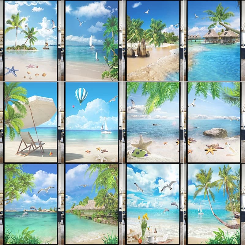 Summer Ocean Scenery Window Film Sliding Door Privacy Window Stickers Static Cling Beautiful Beach Stained Glass Film