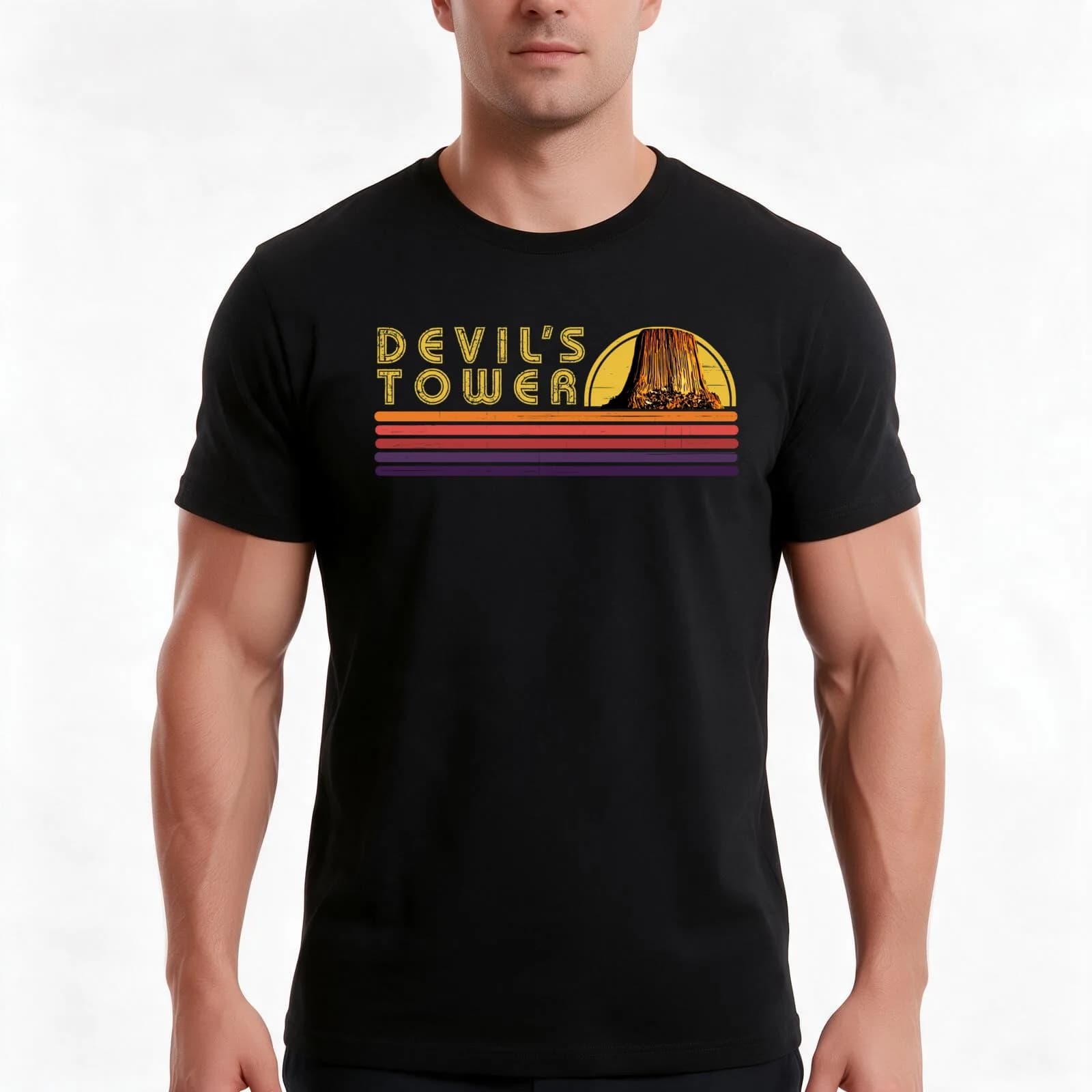 Devil's Tower Retro Vintage Stripes T-Shirt, Summer Casual Cotton Tee, Oversized Streetwear Tops, Vintage Graphic Print