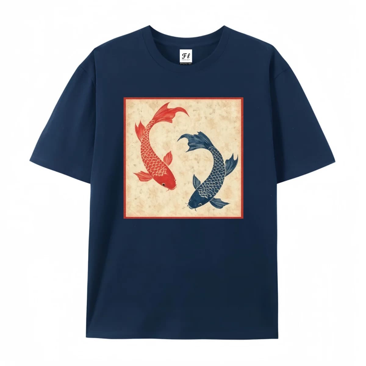 Vintage Koi Fish Yin Yang Square Graphic T Shirt Oriental Red Blue Carp Art Print Tee Aesthetic Japanese Chinese Casual Style