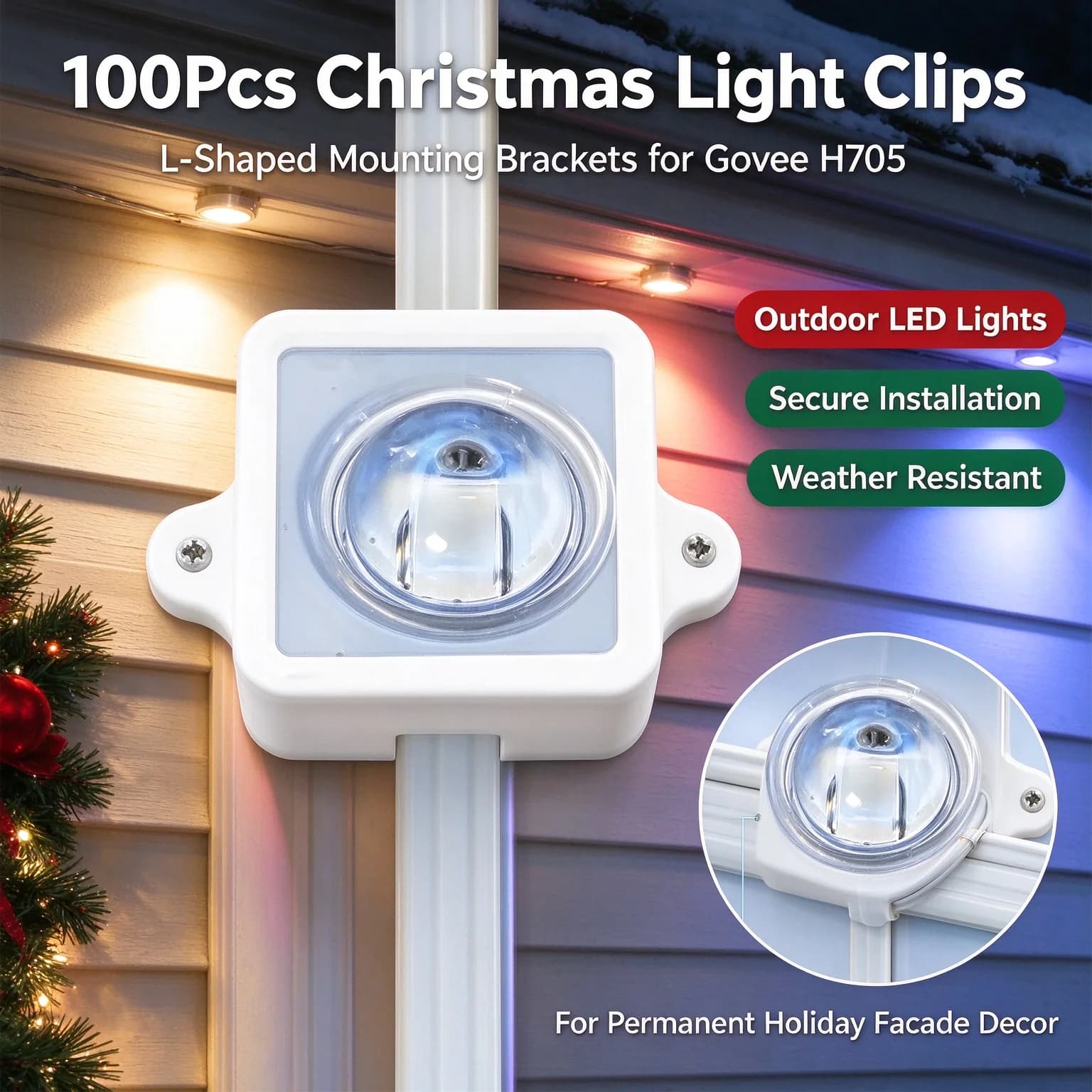 Christmas Decoration Light Clips 100Pcs Mounting Brackets for GOVEE H705 Outdoor LED Lights Extension Kit