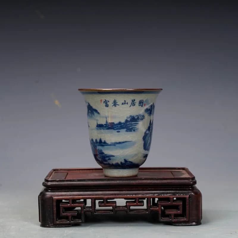 2.7" Good Chinese Blue-and-white Porcelain Mountain Water Scenery Hacking Cup