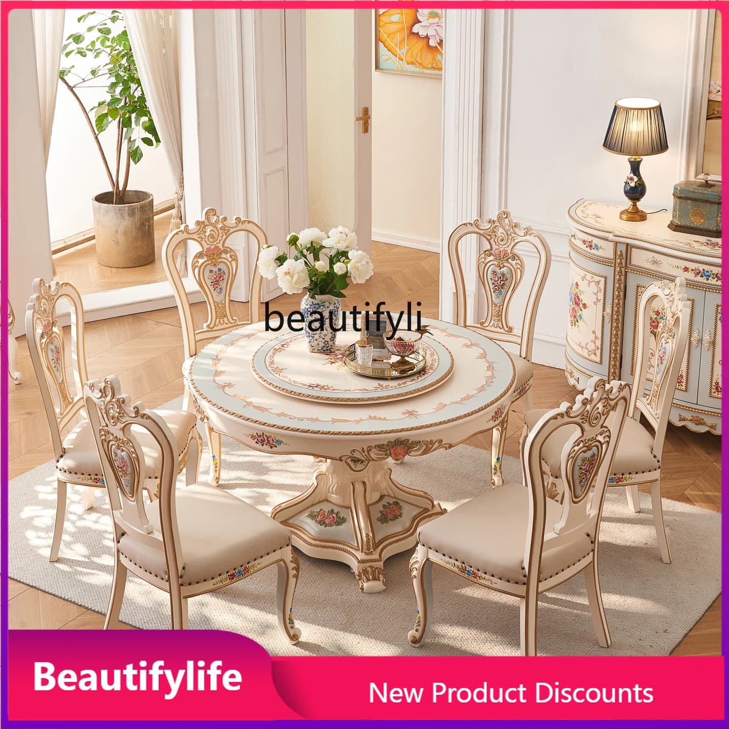 H  European and French Style Painted Floral Large Household Solid Wood Luxury Marble Round Dining Table