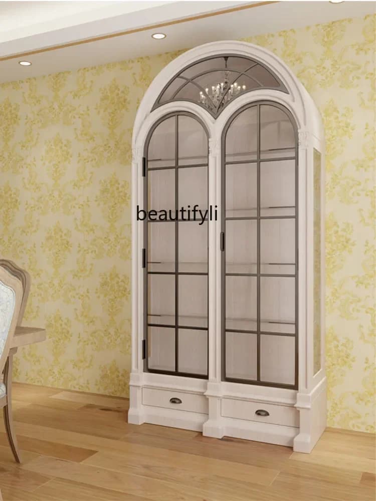 X FH Retro Solid Wood Combined Bookcase Carved Wine Cabinet American Light Luxury Display Cabinet