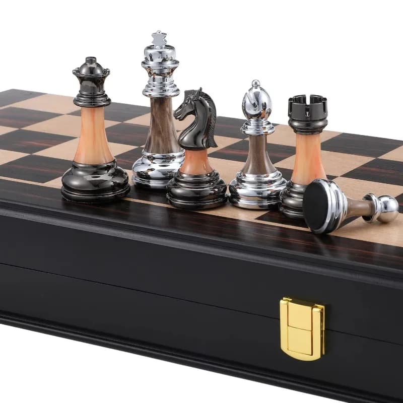King Tall 3.5 Inch Anodized Metal Finish Silver & Black Chess Set Wooden Chess Board Box Triple Weighted Chess Set