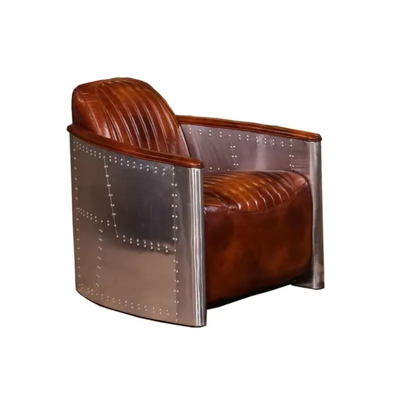 Deluxe Art Deco Leather Armchair Dark Brown Antique Aluminum Leather Cover Single Seat Pilot Sofa