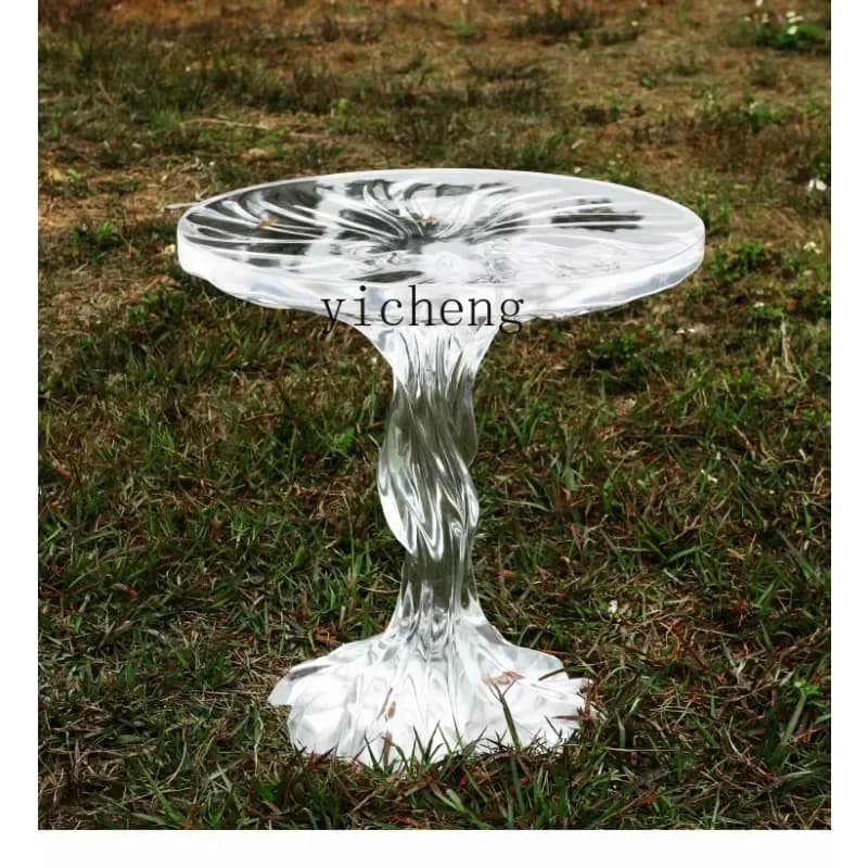 DSA light luxury living room, water ripple edge next to the sofa, transparent resin, exquisite small round coffee table