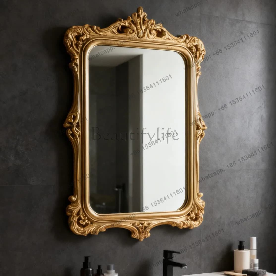 European carved dresser vanity mirror light luxury French bathroom bathroom mirror wall hanging