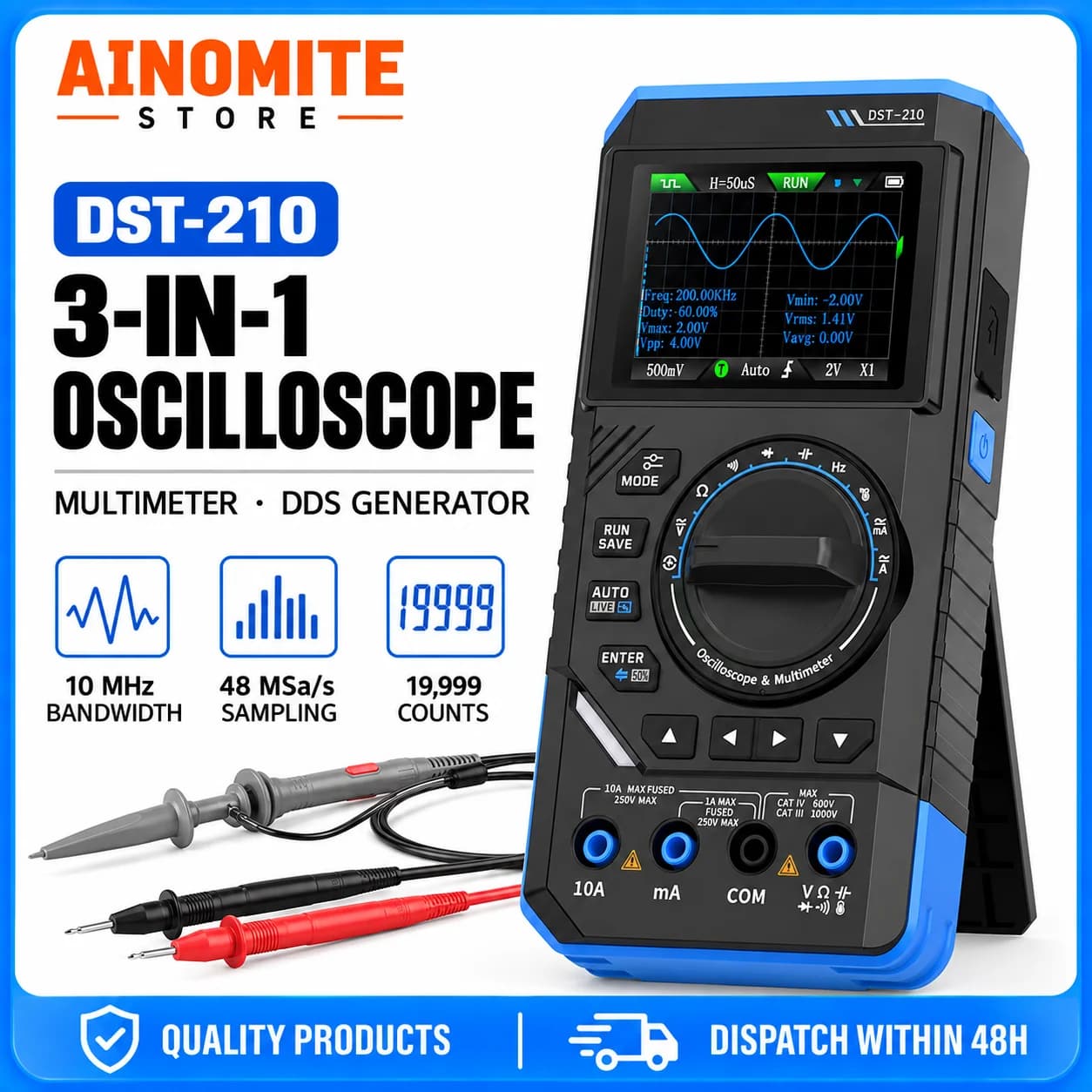 Automotive Oscilloscope, 10M Bandwidth 48MS/s, 19999 Count Multimeter 3in1 DDS Signal Generator AC DC Voltage Current, DST-210