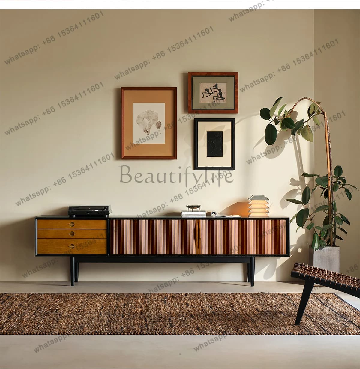 YJ Slow TV Cabinet Black Solid Wood Small Apartment Living Room Household Retro Medieval TV Cabinet