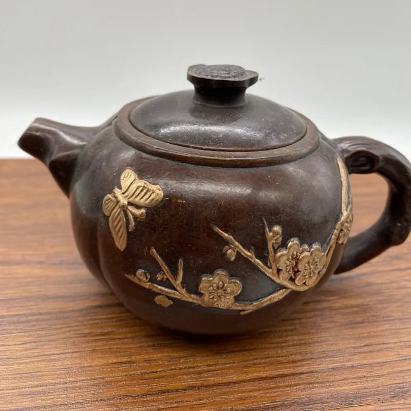 Vintage , creative rustic pottery lotus , Kung Fu tea set, single ceramic pot, copper hand-held teapot