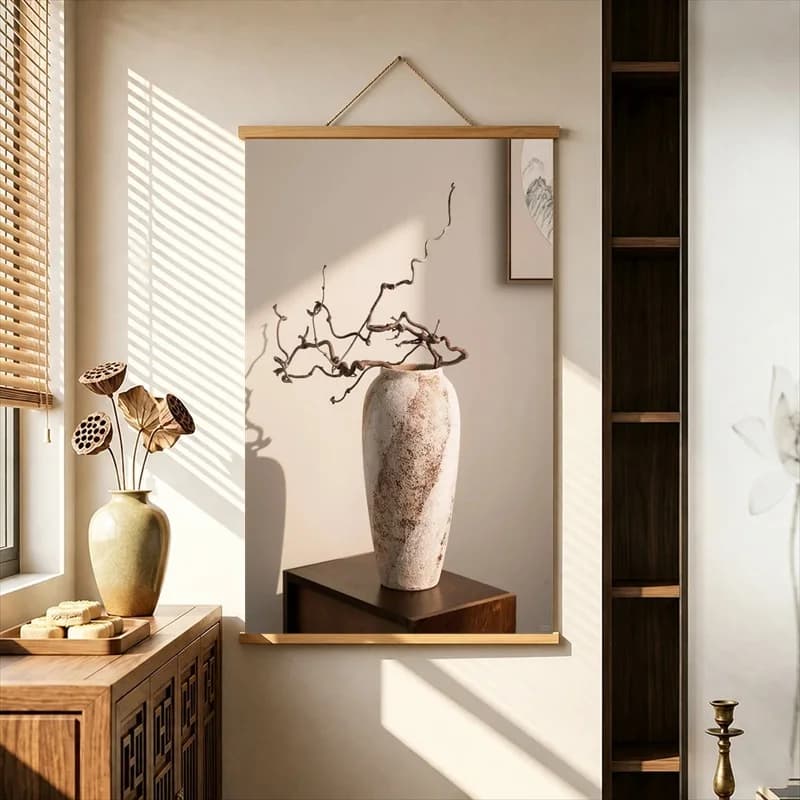 Wall Art Earthy Ceramic Vases and Delicate Branches, Japandi Style Pearlescent Canvas Wall Hanging Scroll for Furniture Showroom