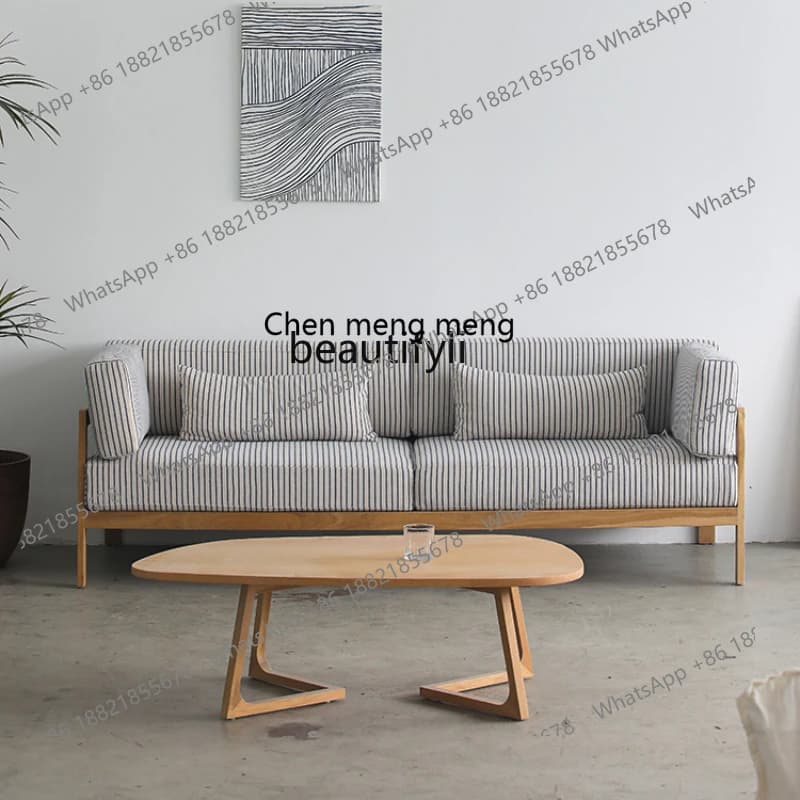 Modern Minimalist Nordic Mid-Ancient Solid Wood High-End Cotton and Linen Fabric Sofa Living Room New Three-Seat Cream Style