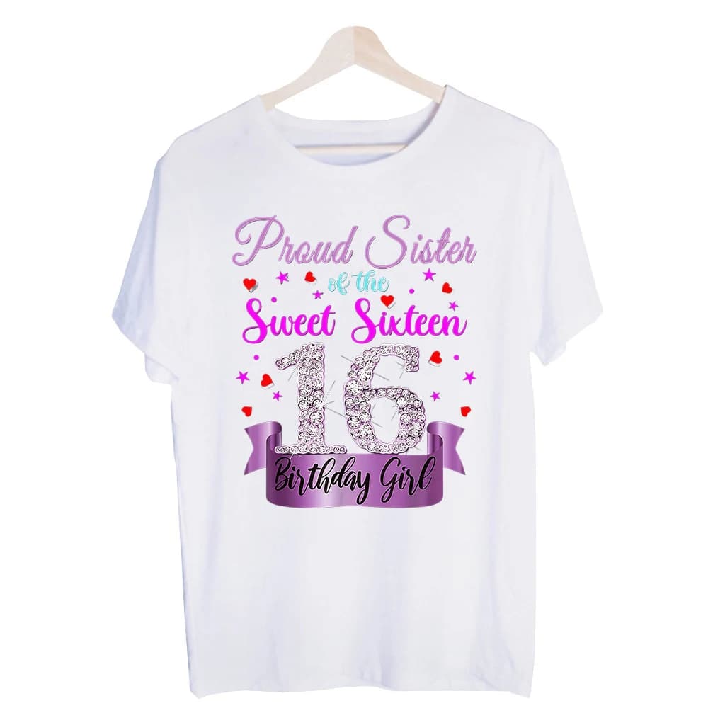 Women's Sweet Sixteen Letter Print Graphic Tee, Short Sleeve Birthday Party Outfit