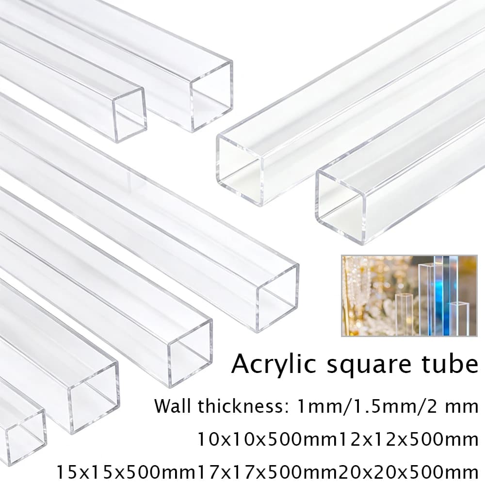1-6pcs 500mm Hollow Square Acrylic Pipe, 10-20mm Transparents Duct for DIY Lightings, Home Decor & Prototype Building