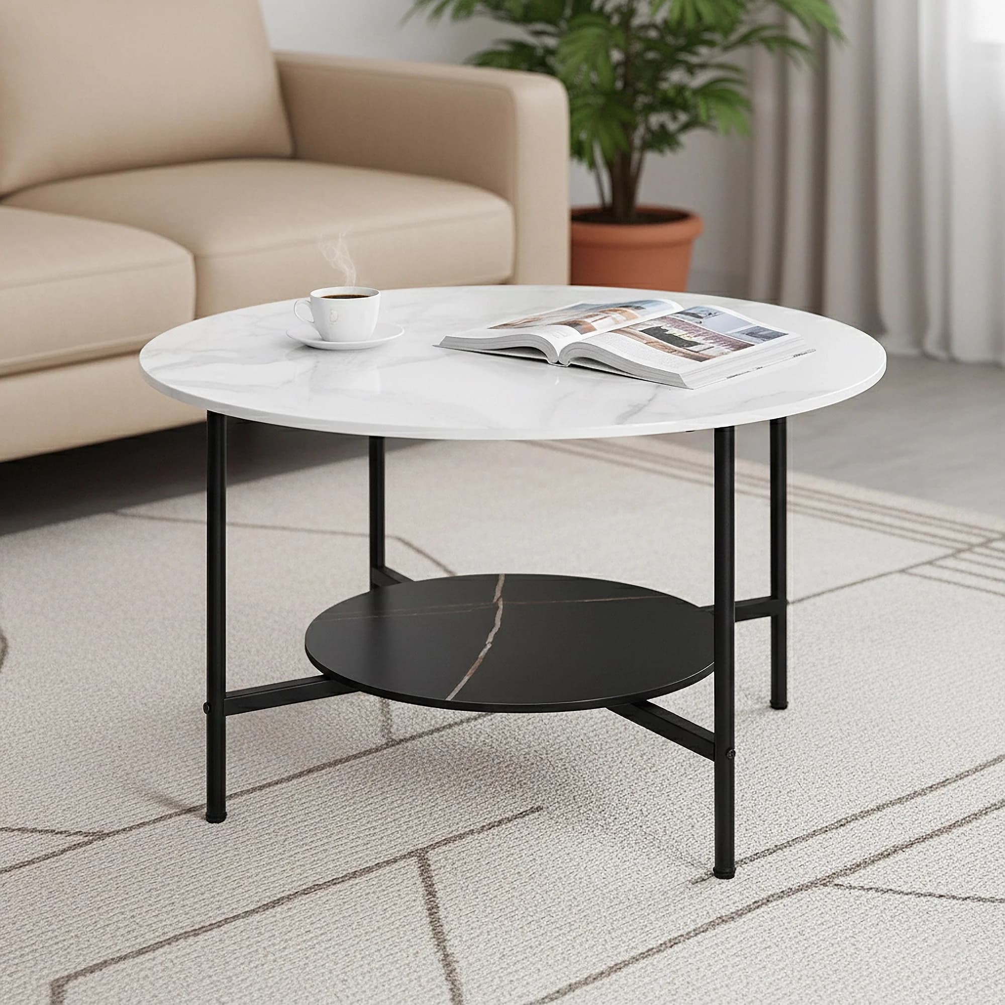 Z 31.49" Round Coffee Table Modern Marble Faux Pattern Minimalist Accent Table For Living Room Office Home Decor Functional UseZ