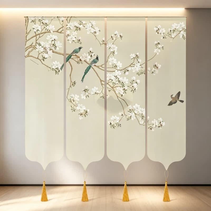 Boho Room Divider​ Semi Transparent Magnolia Gauze with Tassels Oriental Bird Print for Zen Living Room Yoga Studio & Chic Home