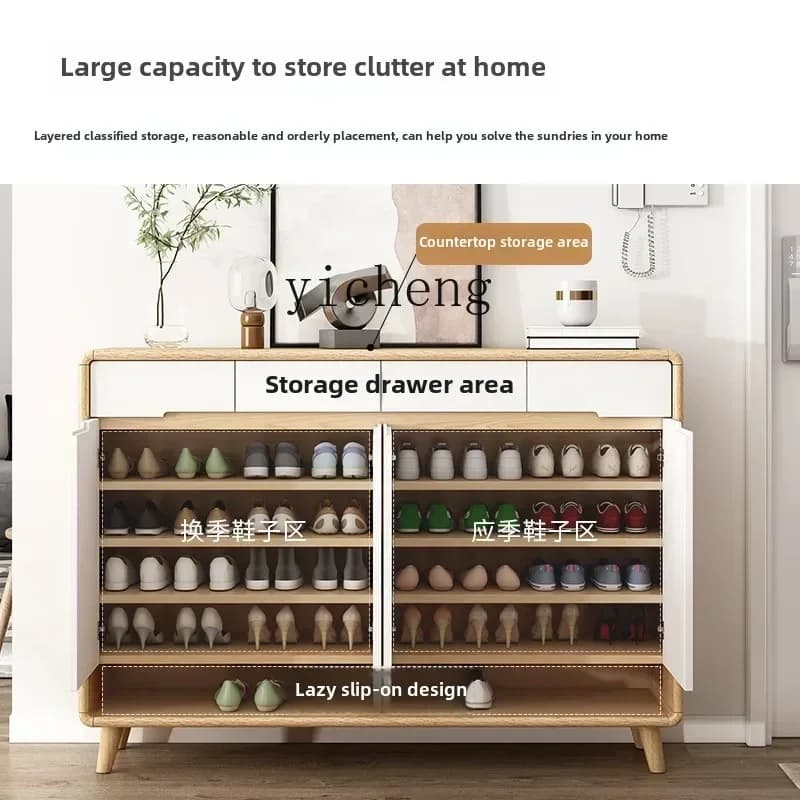 ZC shoe cabinet household door solid wood Chinese balcony living room partition door large capacity storage shoe rack
