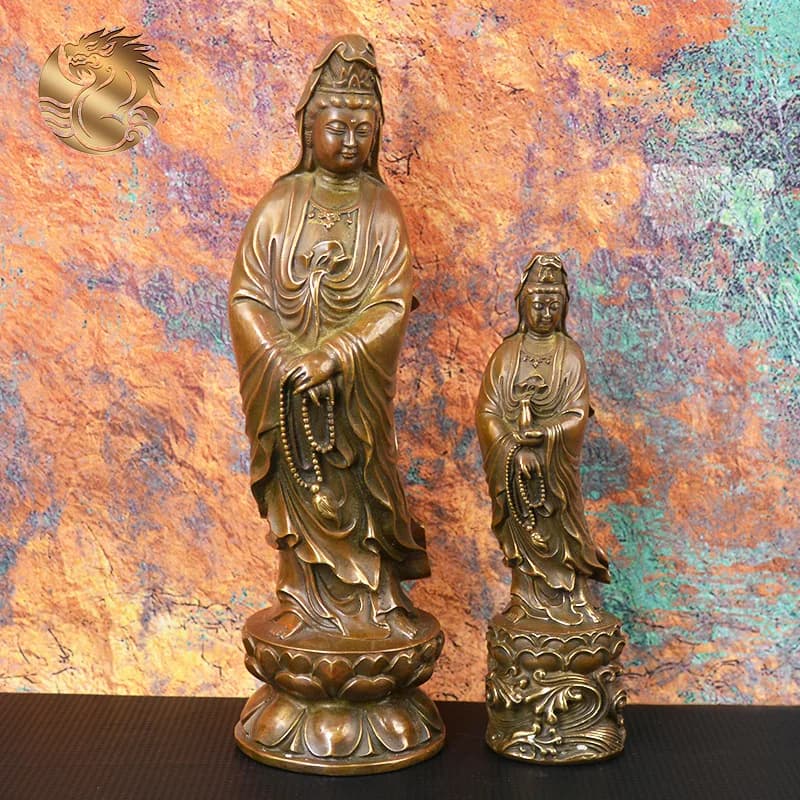 Full brass patina copper Guanyin Buddha statue, South Sea Guanyin copper Buddha statue ornament