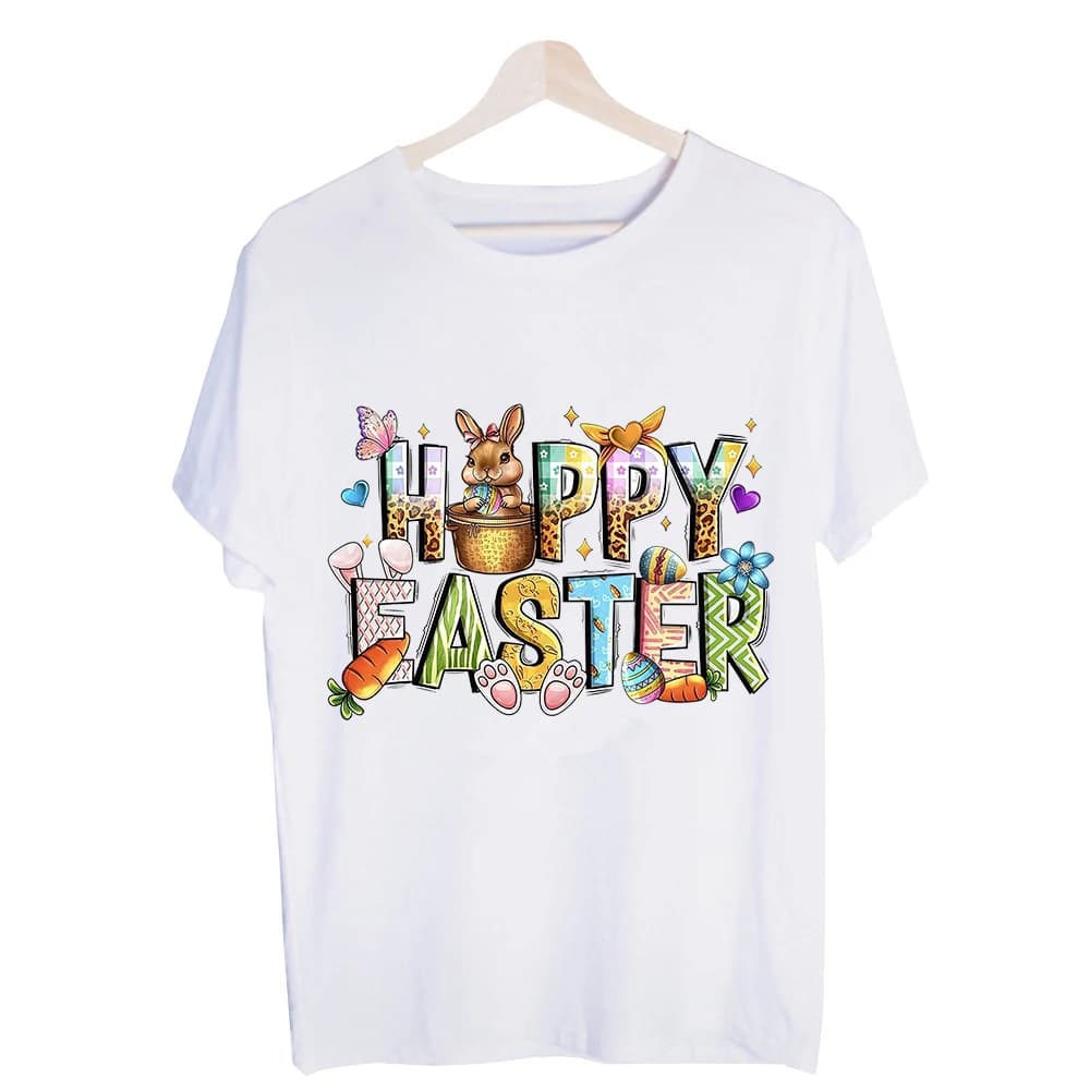 Women's Easter Bunny and Eggs Graphic Tee, Short Sleeve Crew Neck T-Shirt for Spring Holiday Celebrations