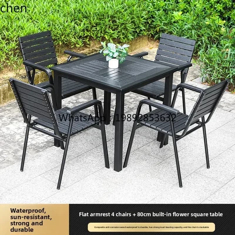 ZZ Outdoor Plastic Wood Tabletop Courtyard Balcony Garden Villa Open-air Outdoor Table and Chairs